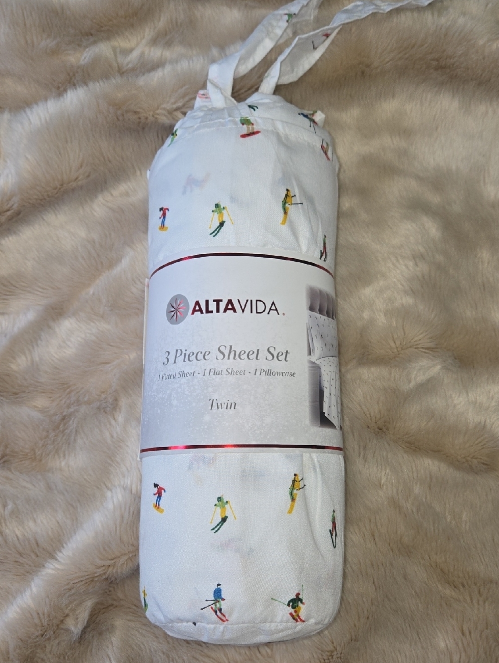 Alta Vida Twin 3-Piece Sheet Set - Ski Print on White NEW!